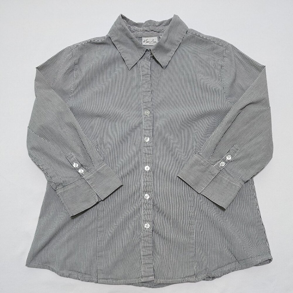 Kim Rogers White Striped 3/4 Sleeve Button-Down Shirt Women's Size Petite Large